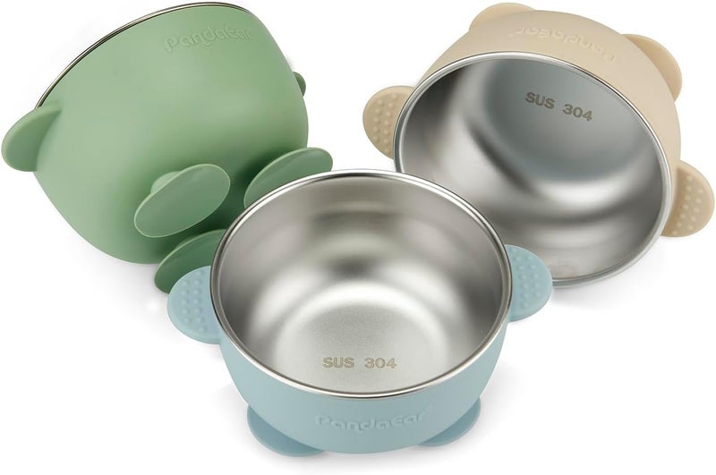 PandaEar 3 Pack Stainless Steel Baby Suction Bowls, Non-Slip Child Food Bowl with Silicone Sleeve for Kids Toddlers Infants, Unbreakable & Mess Free (Blue Green Brown) - Image 1